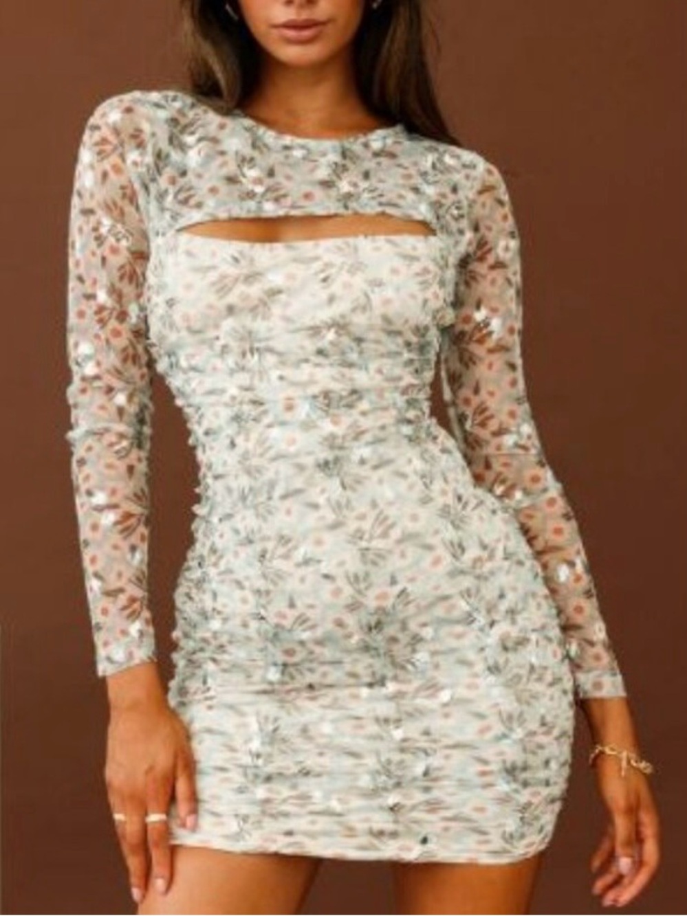 Selfie Leslie Long Sleeve Ruched Mesh Dress Floral Print Mint Multi. Size L. NWT